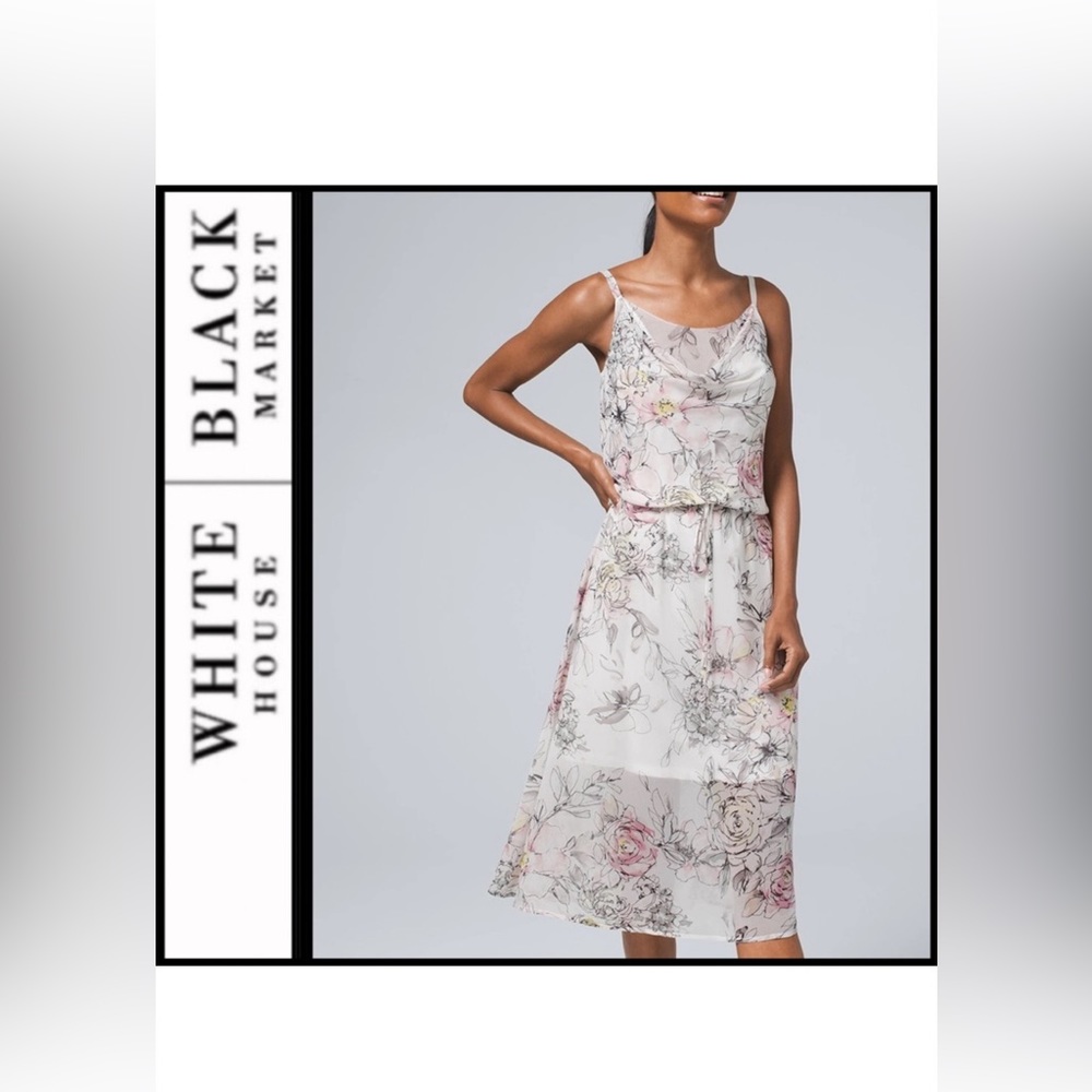 White House Black Market Floral Sheer Overlay Midi Dress in Ivory and Pink